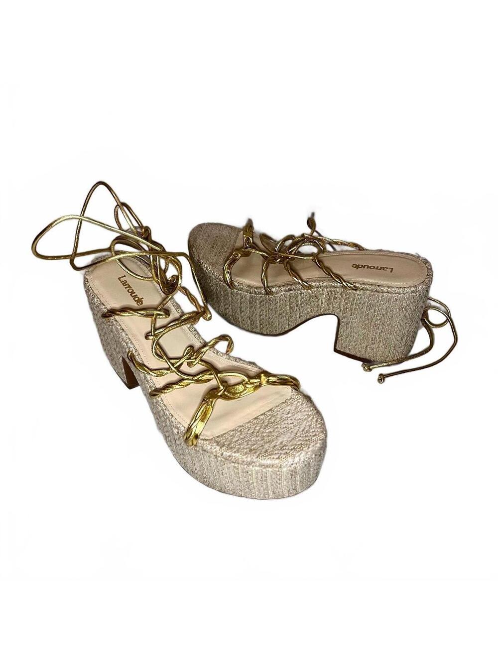 Larroude Coco Platform Sandal Raffia & Gold Metallic Leather Size 8